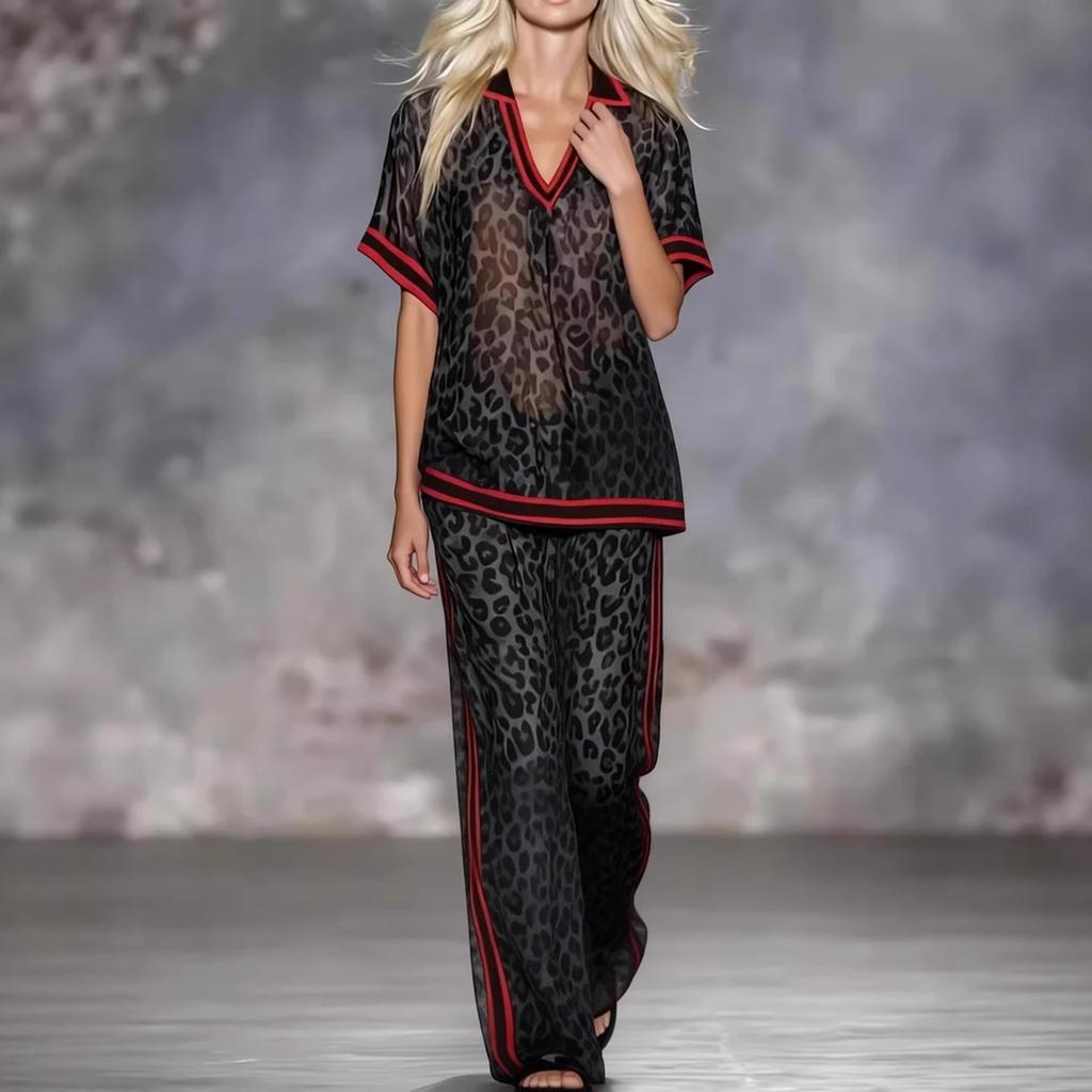 DM078 2026 Cross-border Spice Girl Vacation Leopard Print Collided Red Edge Chiffon Set V-Neck Short Sleeve Top Wide Leg Trousers