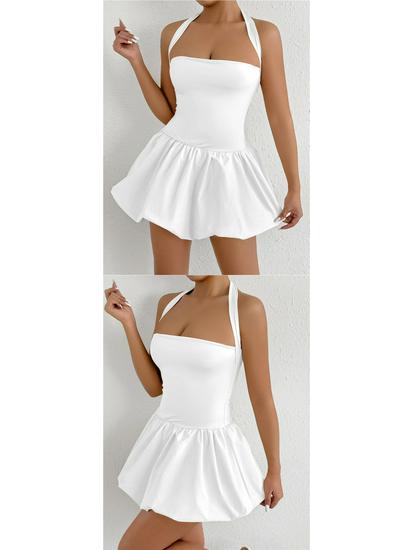 European & American Summer Pleated Backless Lace-up One-Shoulder Princess Dress