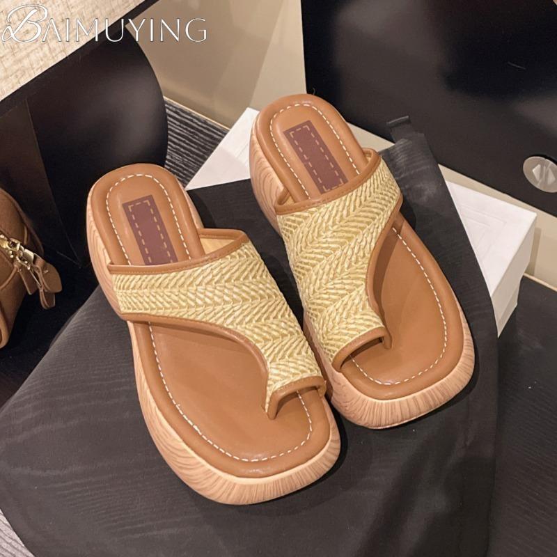Women Square Toe Slippers Platform Sandals Clip Toe Casual Shoes 2025 Trend Summer Wedges Pumps Shallow Weave Flip Flops Mujer