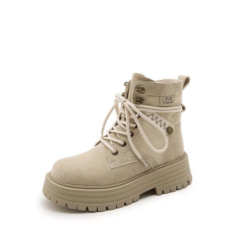 

The first layer of cowhide~ thick-soled heightening leather Martin boots for women s outdoor breathable casual versatile thin short boots for women 40 бежевого хаки