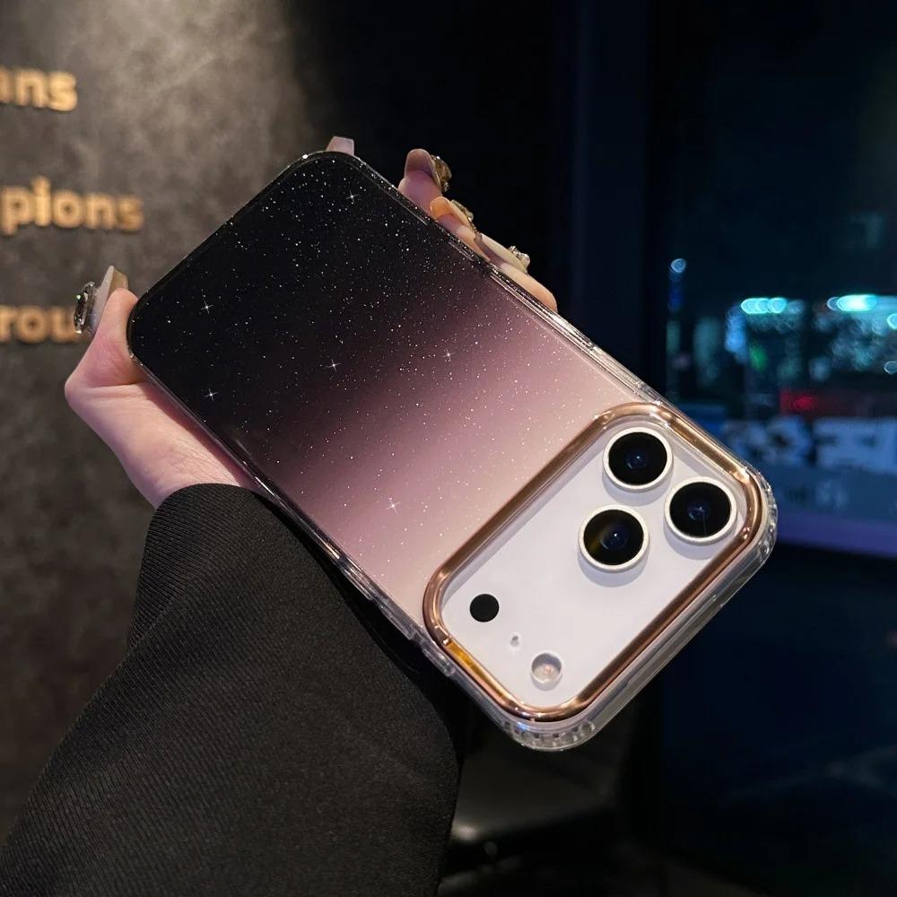 Fashion Gradient Glitter Plating Shockproof Case For iPhone 17Air 16E 15 14 Plus 13 12 11 Pro Max Metal Lens Frame Durable Cover