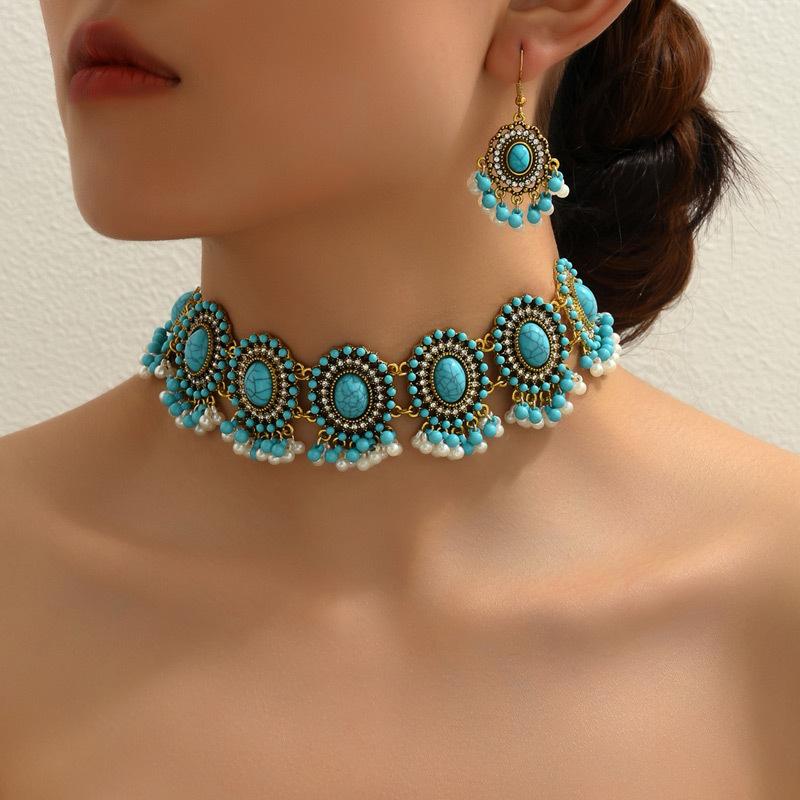 Bohemian Famous Turquoise Accessories Temperament Neck Necklace Earrings Women s Jewelry Set