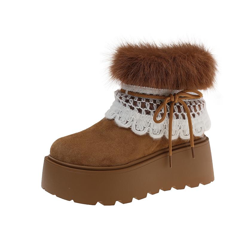 thick-soled lace lace snow boots for women's new small height-increasing velvet warm waterproof and non-slip cotton shoes