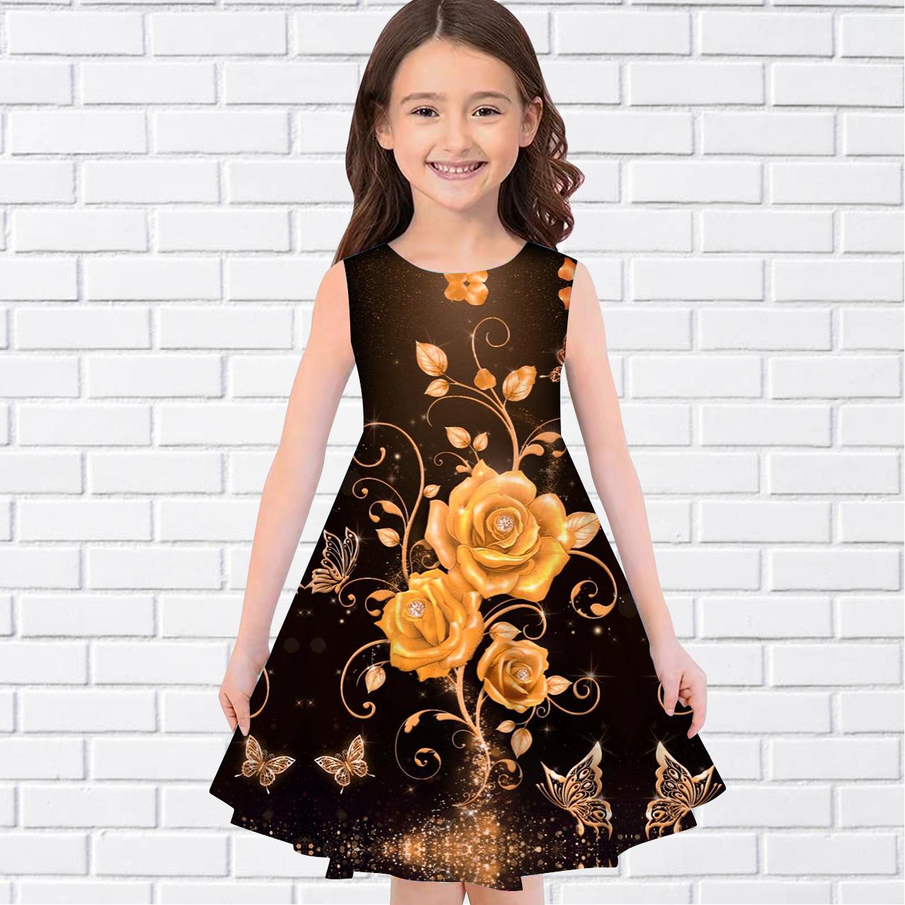 

Платья с 3D принтом для девочек, детское праздничное платье принцессы без рукавов для девочек, платье без рукавов с 3D принтом и 3 цветными розами 180 золотой