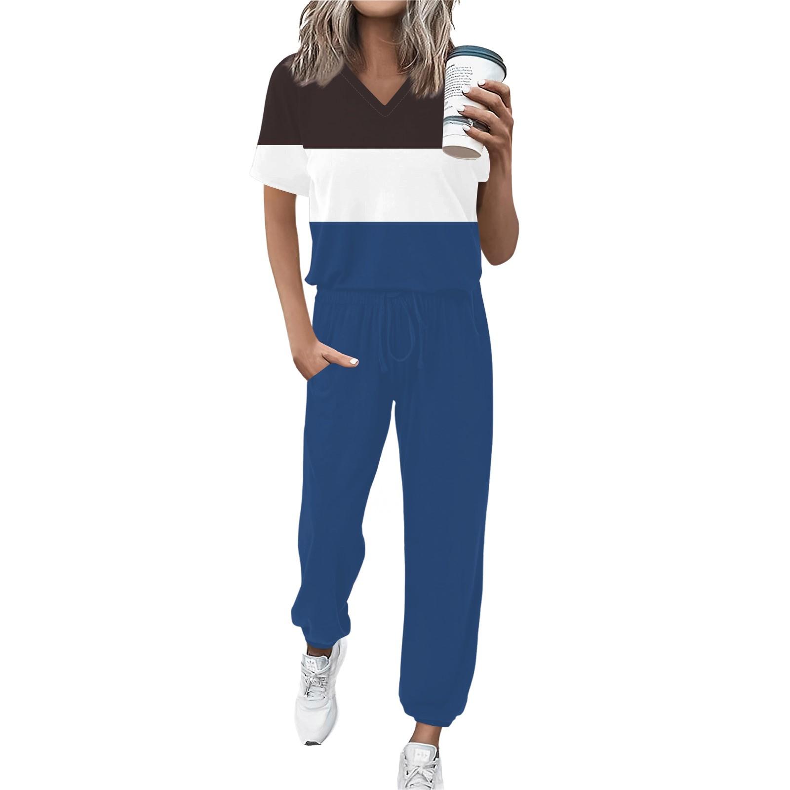 

Женский спортивный костюм с V-образным вырезом и коротким рукавом, свободные брюки XL синий