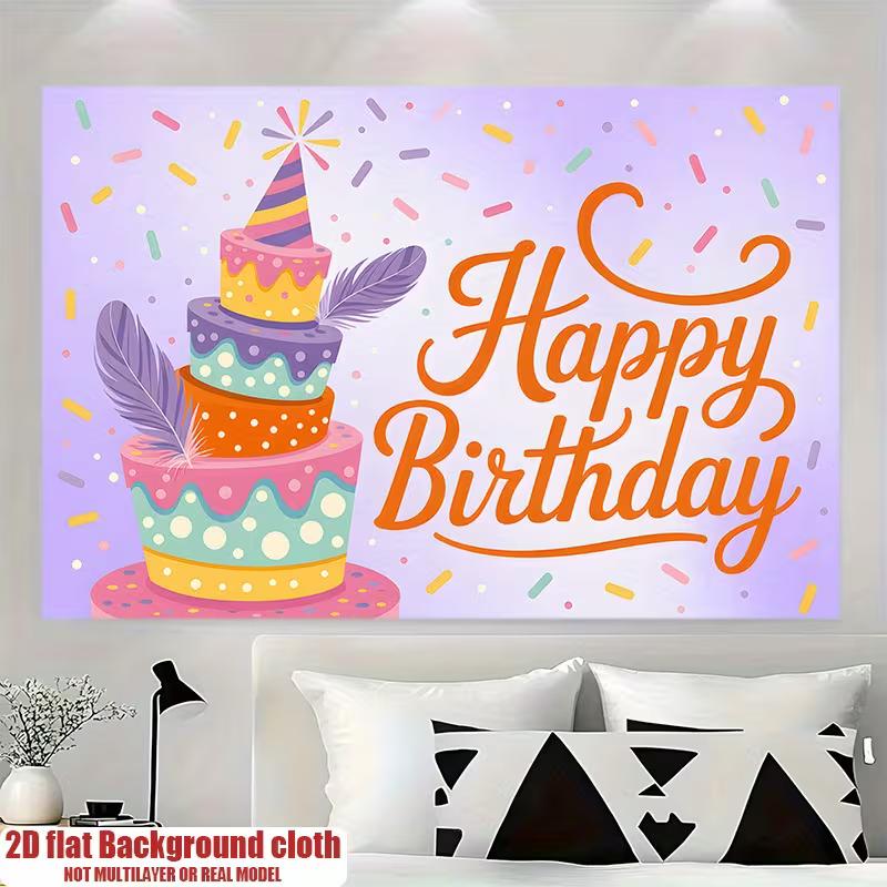 2D Cartoon Cake Happy Birthday Backdrop, Purple Confetti Photography Background Cloth for Toddler Birthday Party