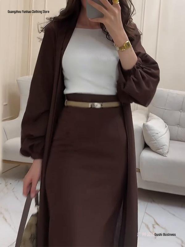 2026 Spring European & American V-neck Long Sleeve Casual Fashion Long Skirt Two-piece Set