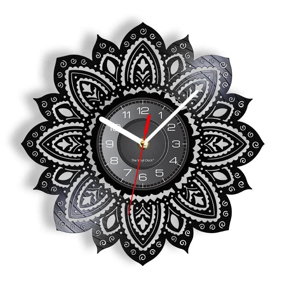 Lotus Flower Mandala Vinyl Record Wall Clock Yoga Studio Namaste Bohemian Art Clock Bohemian Home Decoration Living Room Watch