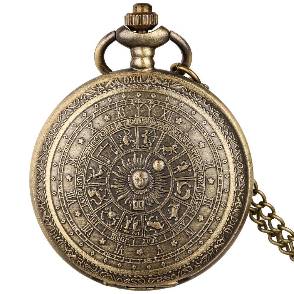 Vintage 12 Burç Bronz Kuvars Cep Saati Arap Rakamlı Kadran Kolye Ucu Zincir Cep Saati Retro Unisex Hediye