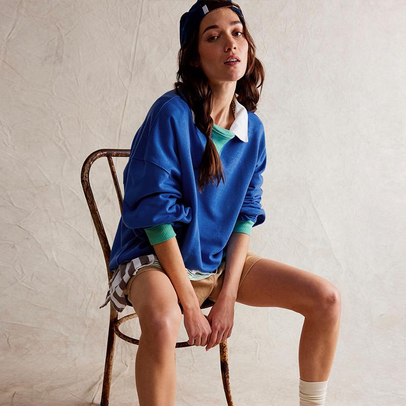 Casual Loose Contrast Sweatshirts Women Long Sleeved Round Neck Patchwork Hoodie Spring Autumn Street Style Pullover