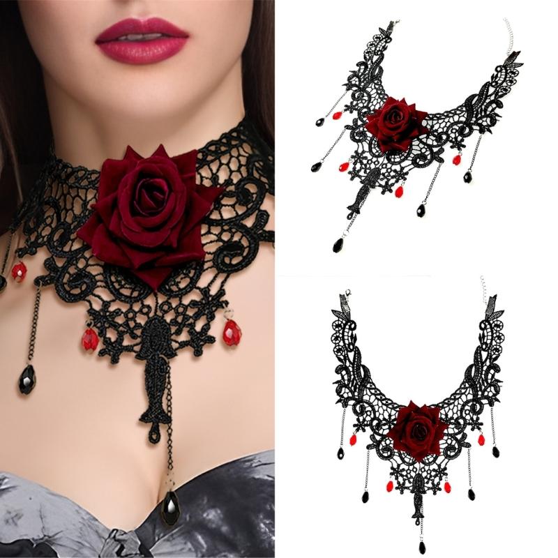 Floral Choker Necklace Gothic Lace Necklace for Women Halloween Costume Jelwery, Cosplay Party, Wedding