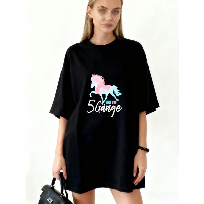 Oversized T-Shirt Black Unicorn Graphic And 5 Gange Text Casual Wear S