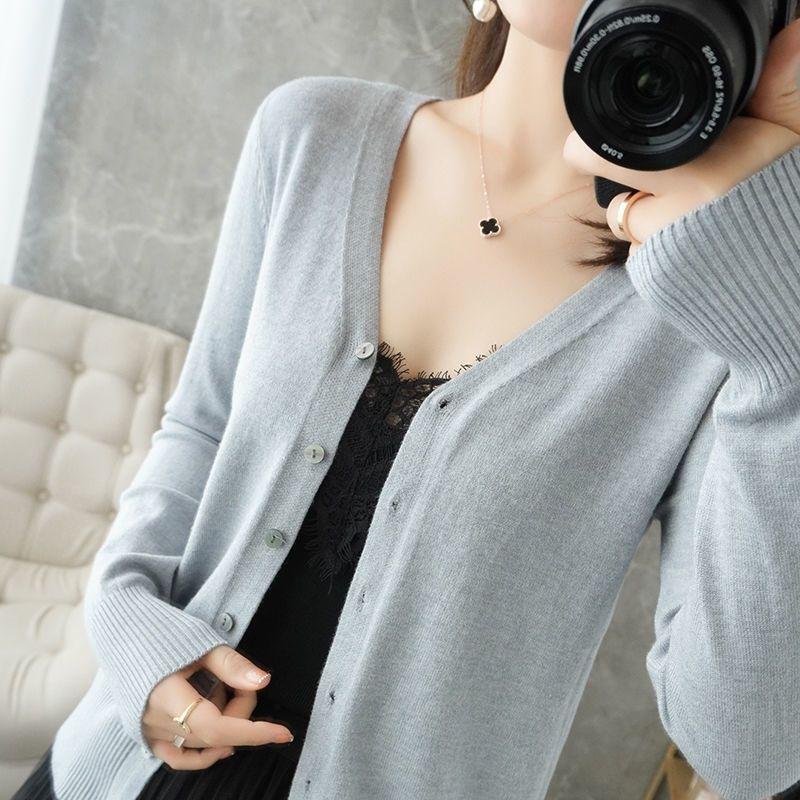 Damen Strickjacke Rundhalspullover Herbst und Winter Strickpullover Damen Einfarbig Langarm