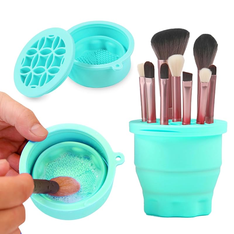 Makeup Brushes Cleaner Mat with Brush Storage Holder, Folding Portable Washing Tool for Makeup Brush Cleaning, 2 In 1 Silicone Brush Cleaner Pad &