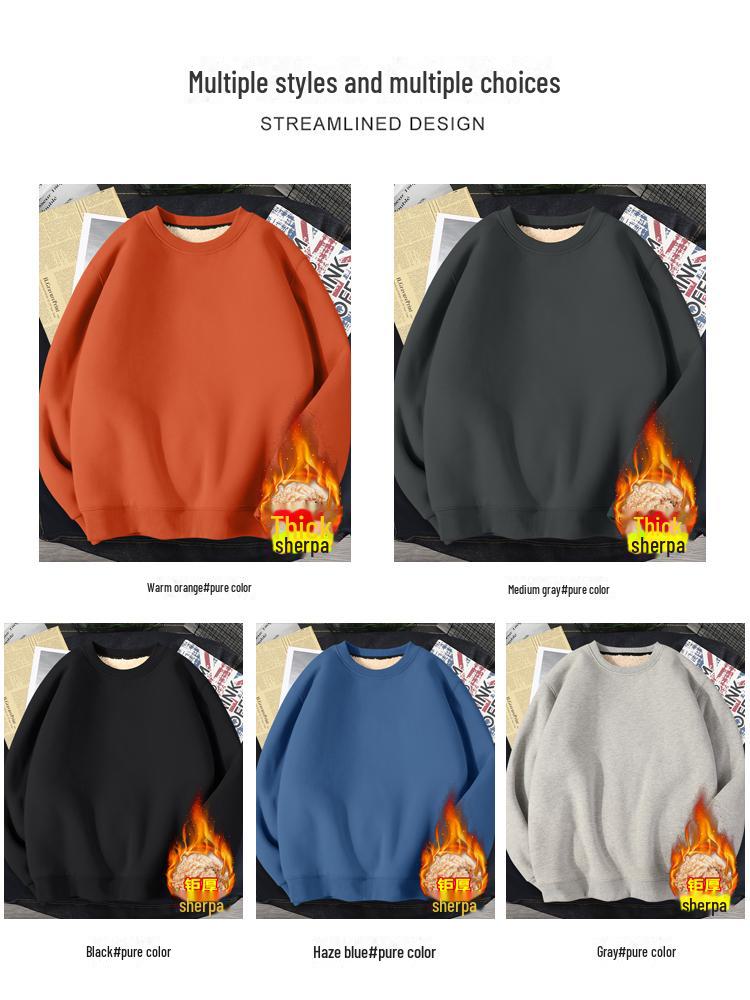 Men's Fleece-Lined Round Neck Sweatshirt, Thick Pullover, Long Sleeve, Hoodless, Large Size, Warm.