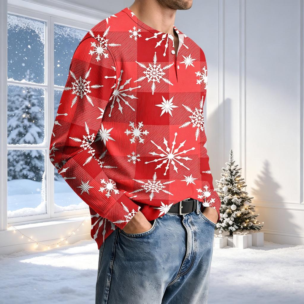 Herren Casual Rundhals Langarm T-Shirt mit Rippstruktur Weihnachtsdruck