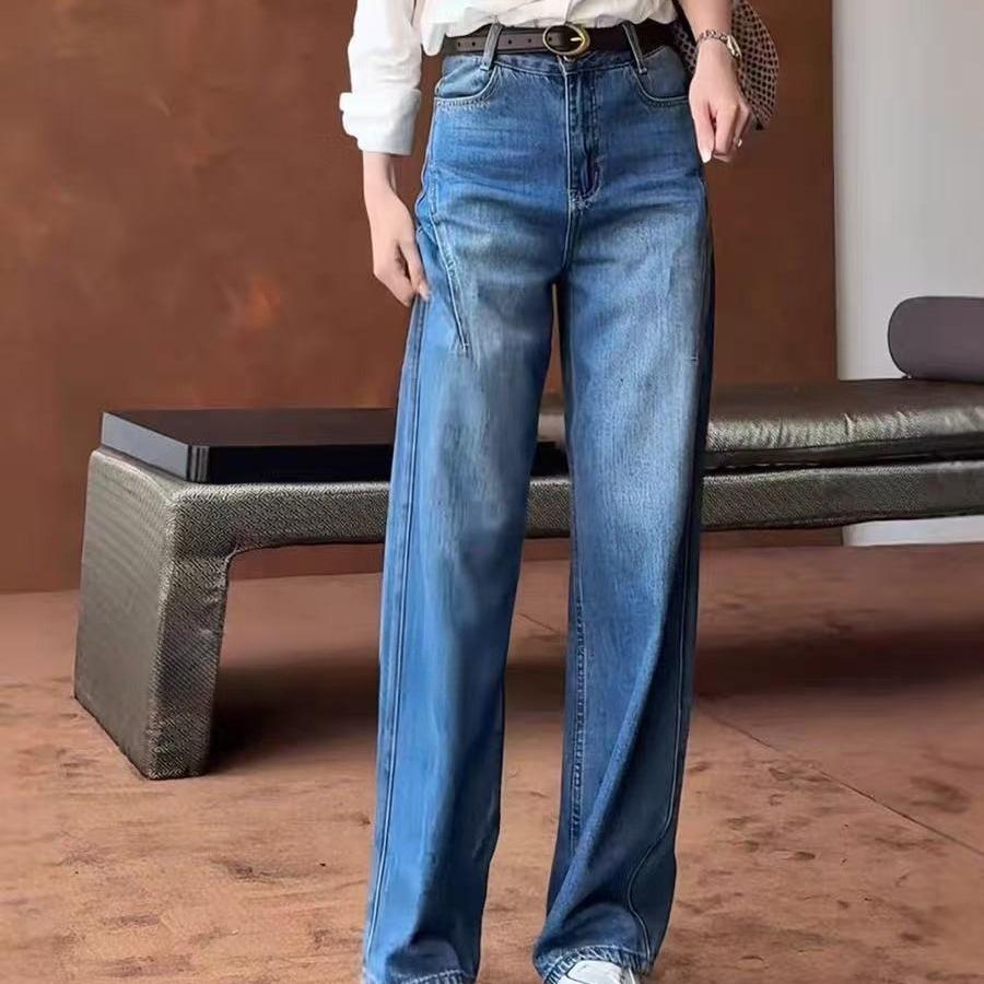 Retro High Waist Slim Fit Blue Jeans Women's Long Pants Straight Leg Floor Length Washed Denim Skinnier