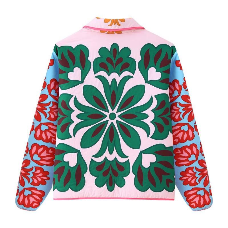 Womens Floral Print Cotton Padded Coat Loose Casual Single Breasted Thick Jacket