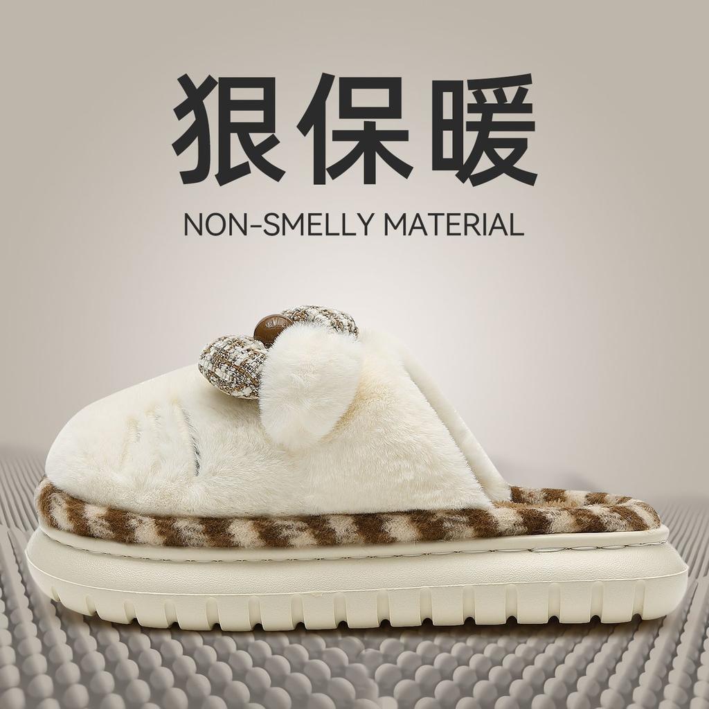 Bow plush cotton slippers autumn and winter indoor home dormitory thermal cotton slippers