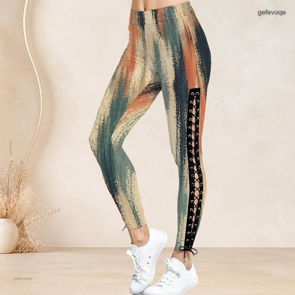 Women Plus Size High Waist Printed Side Eyelet Lace Up Full Length Leggings