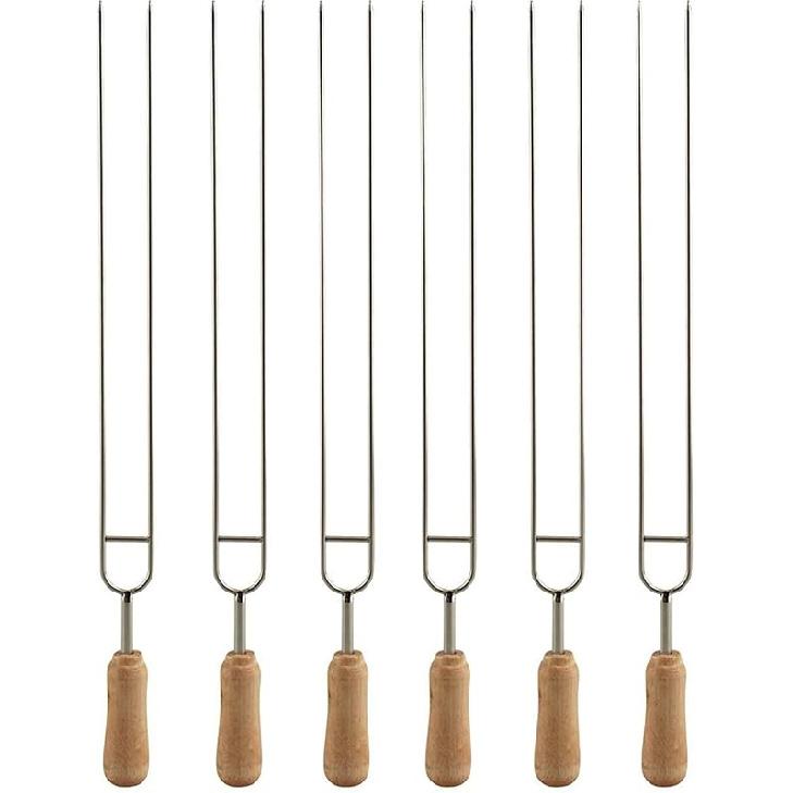 IMEEA Double Pronged Skewers for Grilling Stainless Steel Skewers for Kabobs 15.3-Inch Barbecue Skewers with Wooden Handle 6-Piece