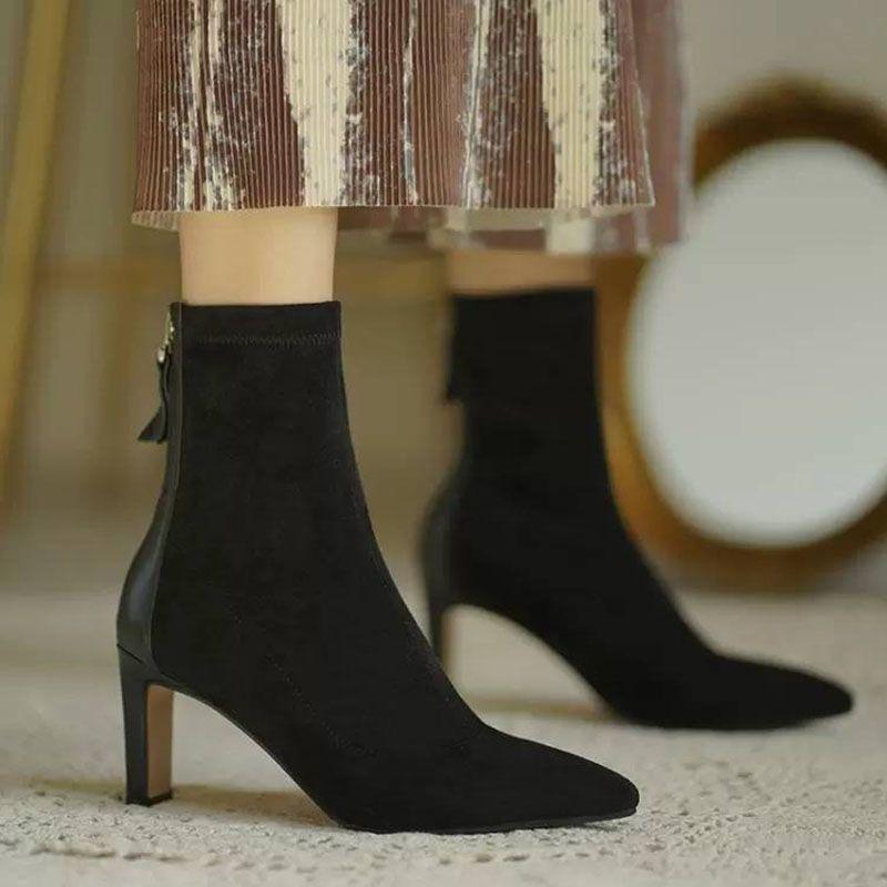 French high-heeled short boots women's thick heel pointed rear zipper velvet 2025 new Korean version winter elastic thin boots