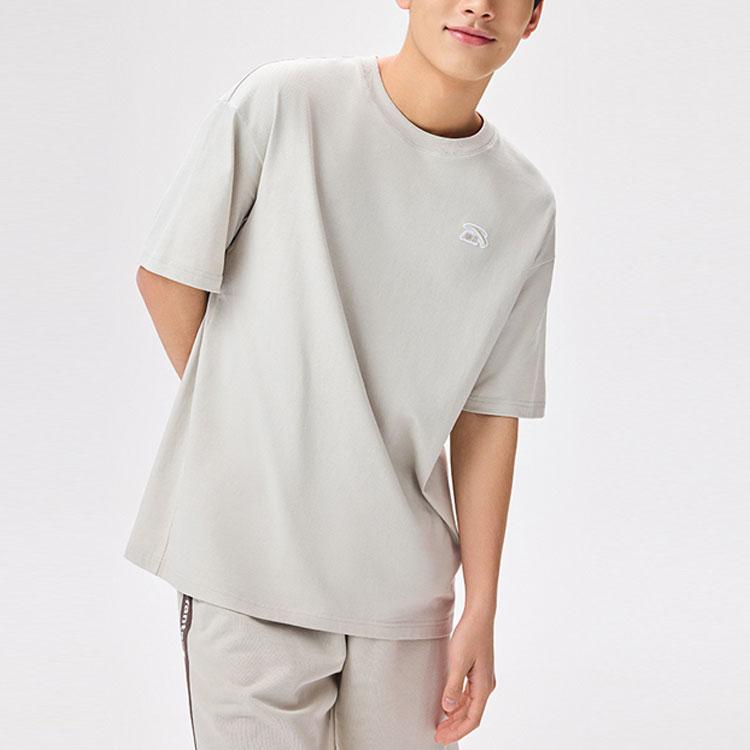 Anta Logo Pattern Round Neck Pullover Loose Short Sleeve T-Shirt Unisex Tops Beige 972328113-2