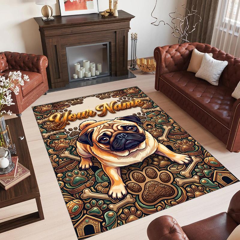 Pug Theme Crystal Velvet Floor Rug Personalized Custom Name Text Warm Carpet Home Decoration