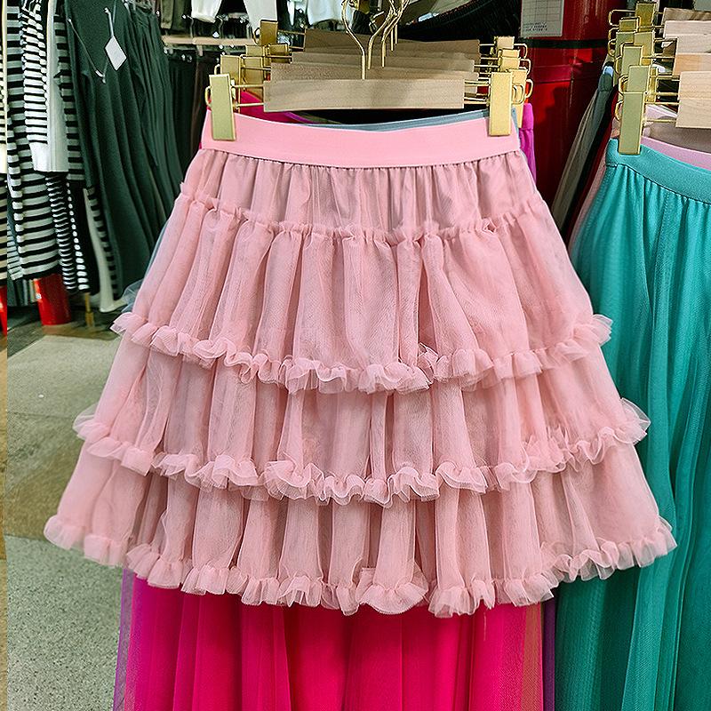 Women's High-Waist Ruffled A-Line Skirt with Mesh Overlay and Safety Lining