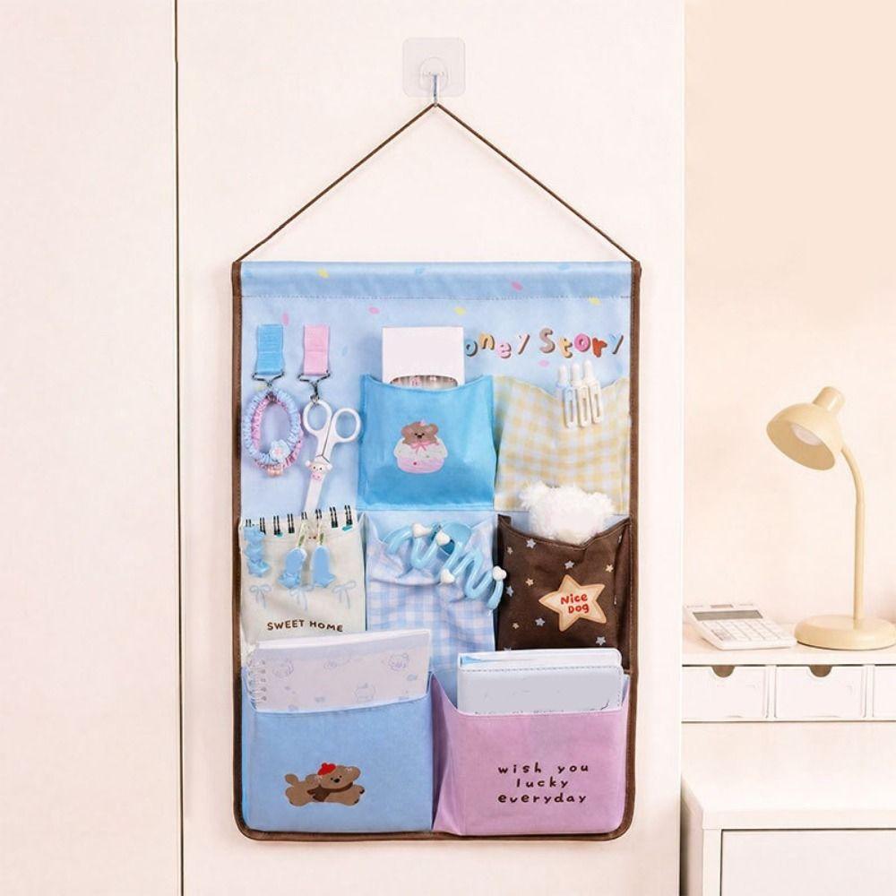 4/7 Pockets Wall Hanging Storage Bag Cotton Linen Space Saving Cartoon Hanging Bag Decorative Large Capacity