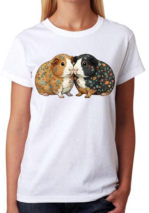 Floral Guinea Pig Couple Illustration Ladies T-Shirt Cute Pet Art Tee M