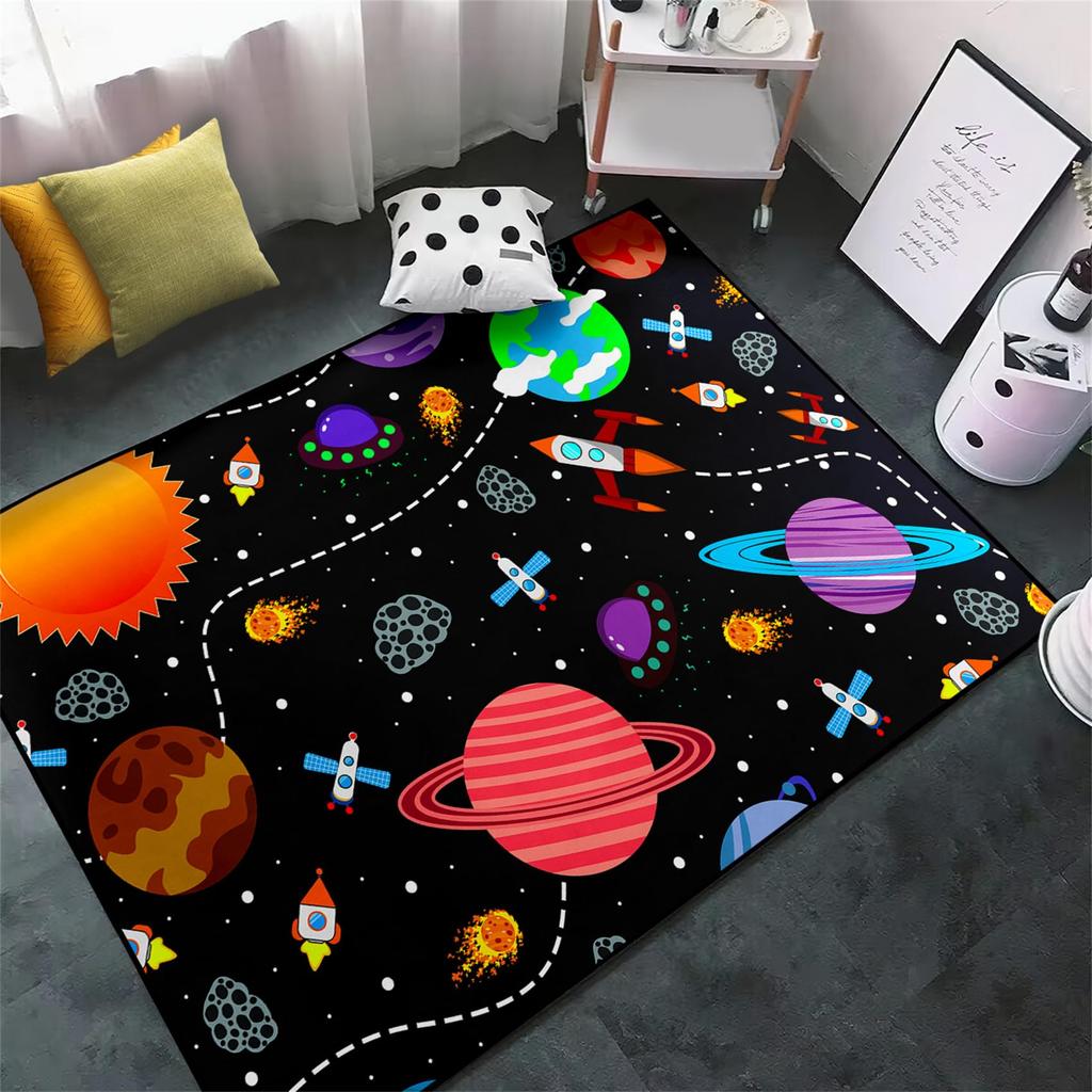 VIKAMA Solar System Planets Theme Rug Bedroom Educational Learning Mat Soft Non-Slip Indoor Area Children's Rug Home Decor