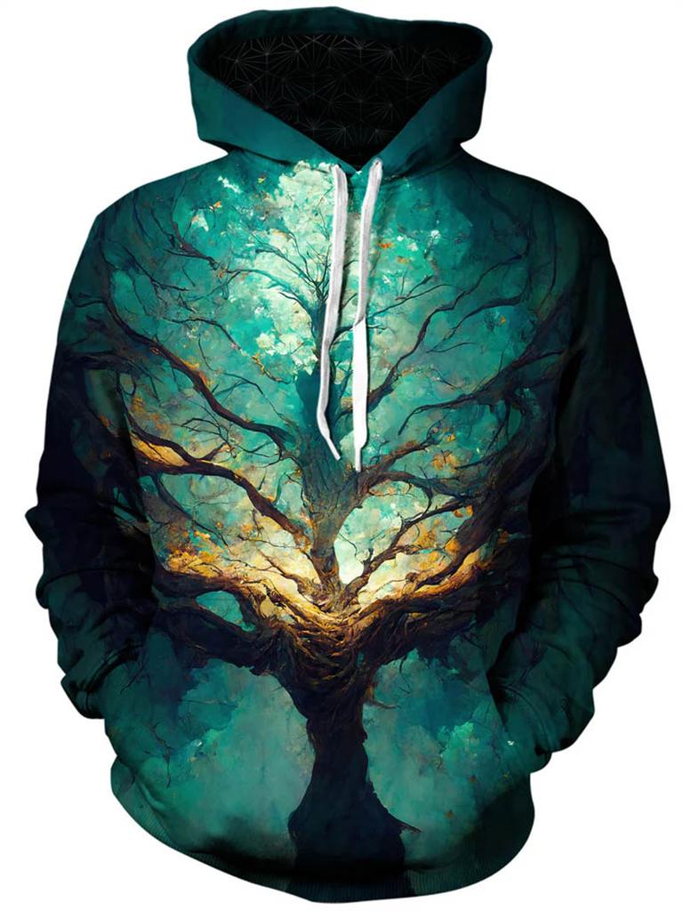 "Fantasy Dreamscape" 3D Tree-Print Hoodie – Men’s Casual Athletic Sweatshirt/Pullover, Fleece-Lined and Thickened for Autumn/Winter