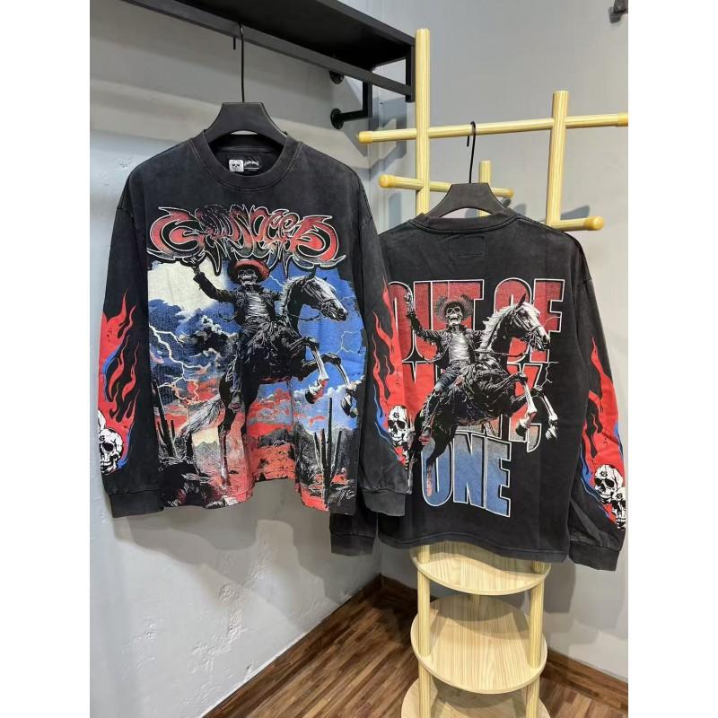 Unisex Vintage Skull Print Washed Cotton Long Sleeve Hoodie Streetwear Loose Fit