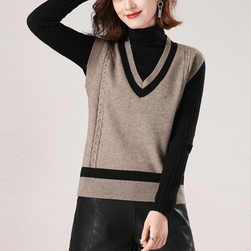 Knitted Vest Women's Fall and Winter New Stitching Fashion Solid Color Versatile Casual Sleeveless Sweater Top