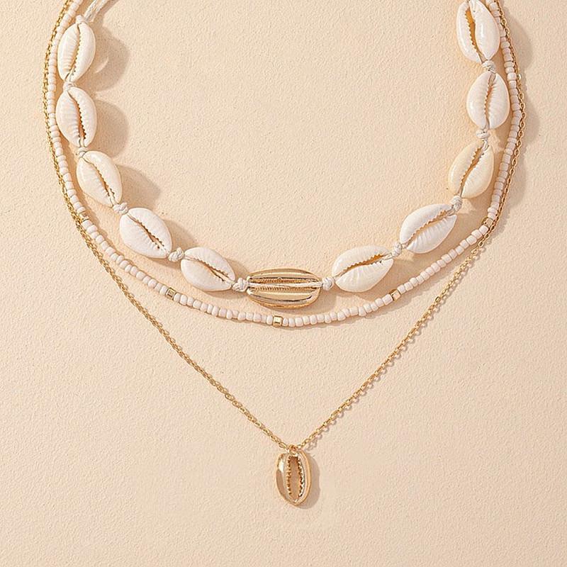 Bohemian Style Multi-Layer Clavicle Chain Necklace with Seed Beads and Shell Pendant for Women