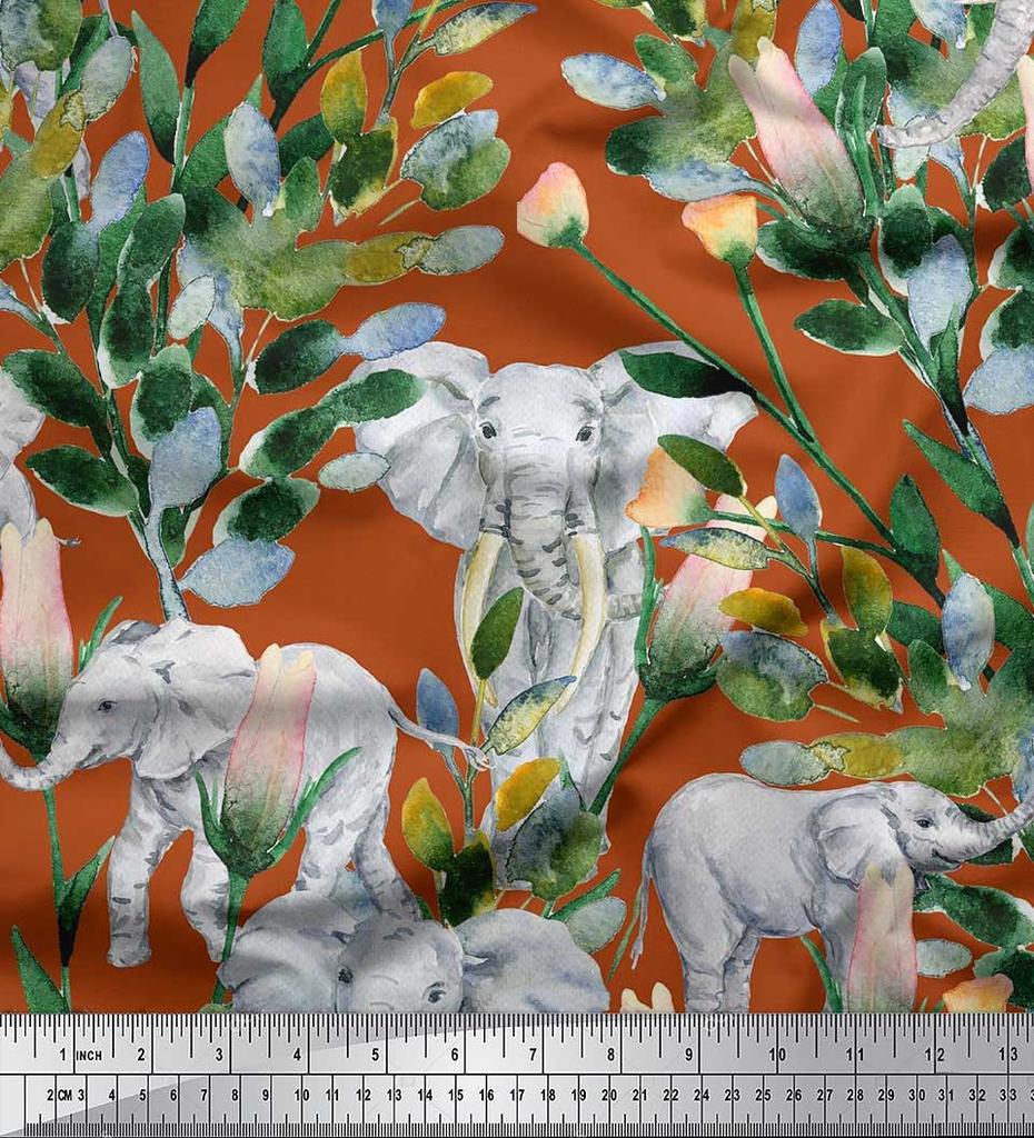 Soimoi Japan Crepe Satin Fabric Leaves,Floral & Elephant Animal Printed Craft Fabric by the metre 42 Inch
