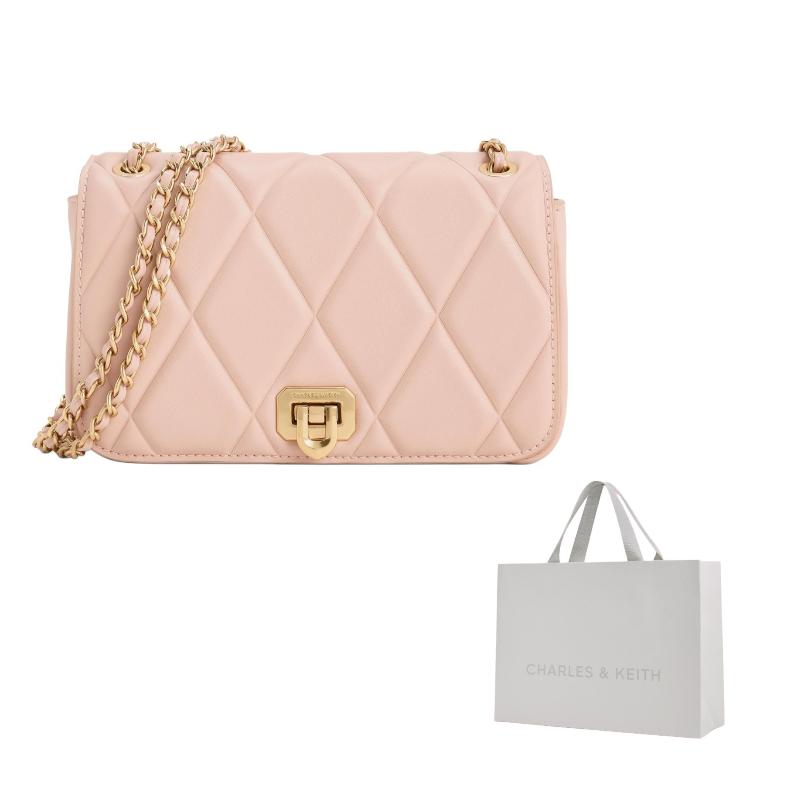 Charles & Keith Fashion Quilted Chain PU Crossbody Bag Small Women bags Cream Black Light-Pink CK2-20671747