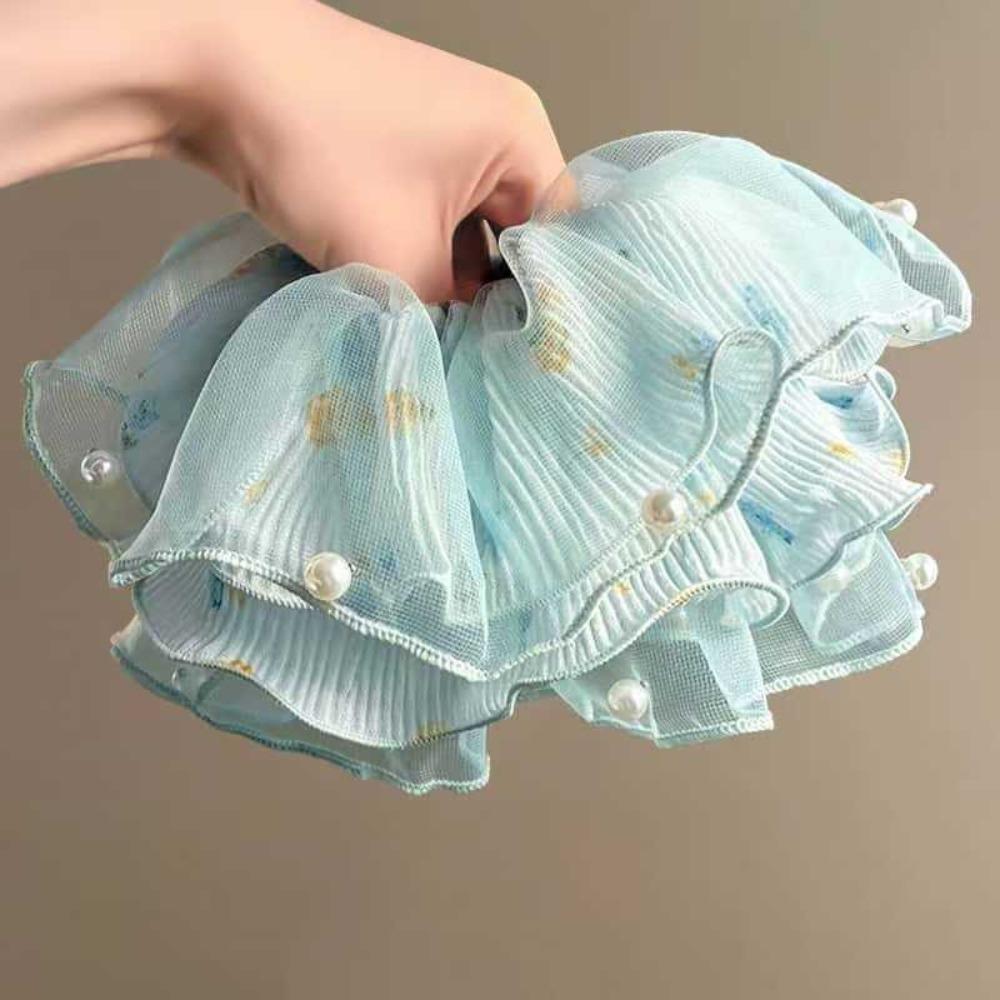 

Chic Elegant Pleated Hair Scrunchies Fabric Elastic Band Hair Ties Flowing Gauze Pearl Accent Hair Ring Women Hair Accessories синій