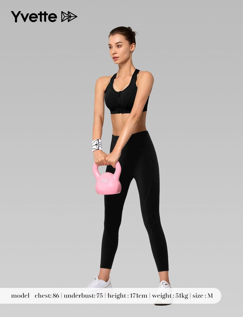 Yvette Sports Fitness and Running Firm Medium Women's No-Sway Bra, Front-Opening, Bra, Sweat-Wicking, Quick-Drying, Support, Black,