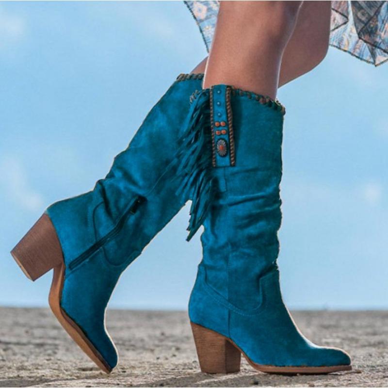 

Fashion Women High Boots Trend Retro Metal Buckle Pointed Toe Thick Heel Tassle Western Cowboy Boots Female Shoes Botas De Mujer 34