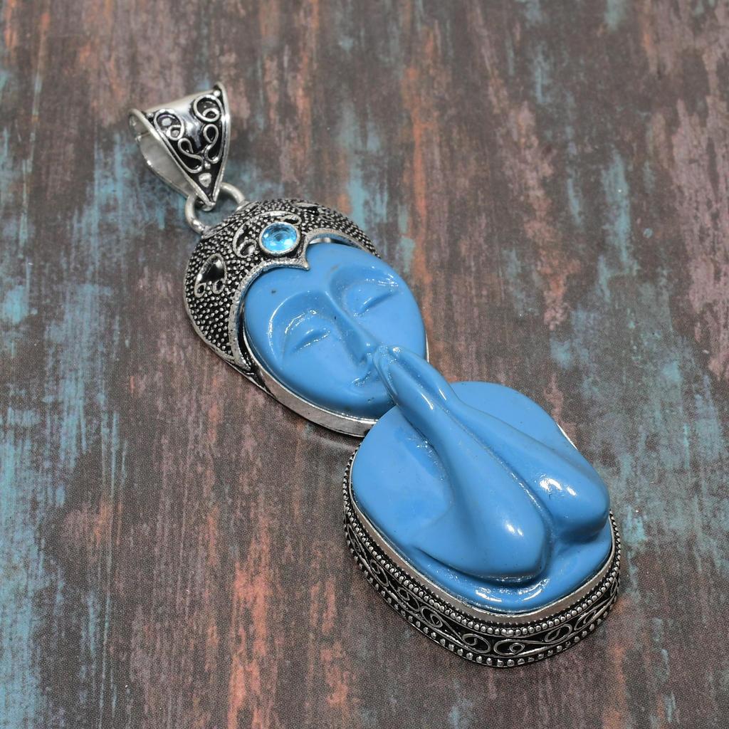 Praying Lady, Blue Topaz Gemstone Solid 925 Sterling Silver Handmade Jewelry Pendant