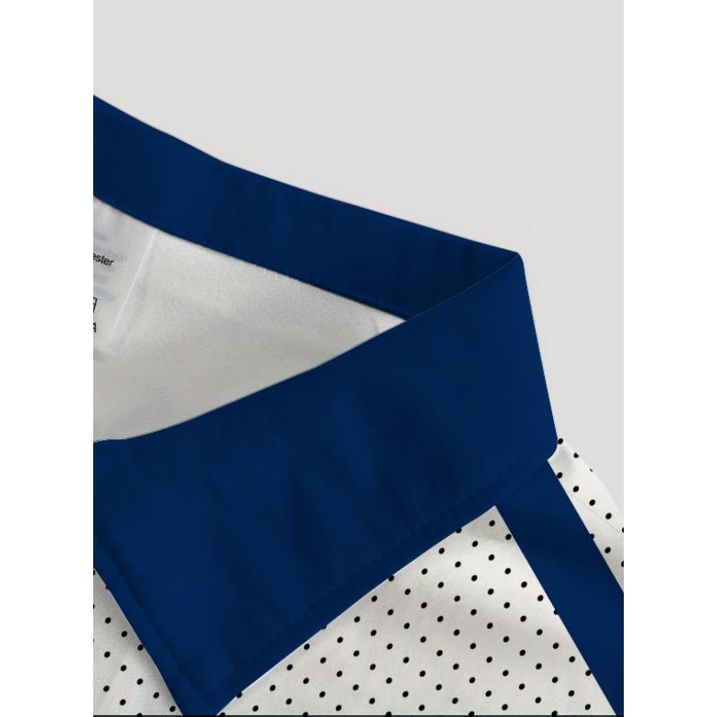 Men's White Blue Dot Print Half Zip Polo Shirt - Casual Short Sleeve Summer Top