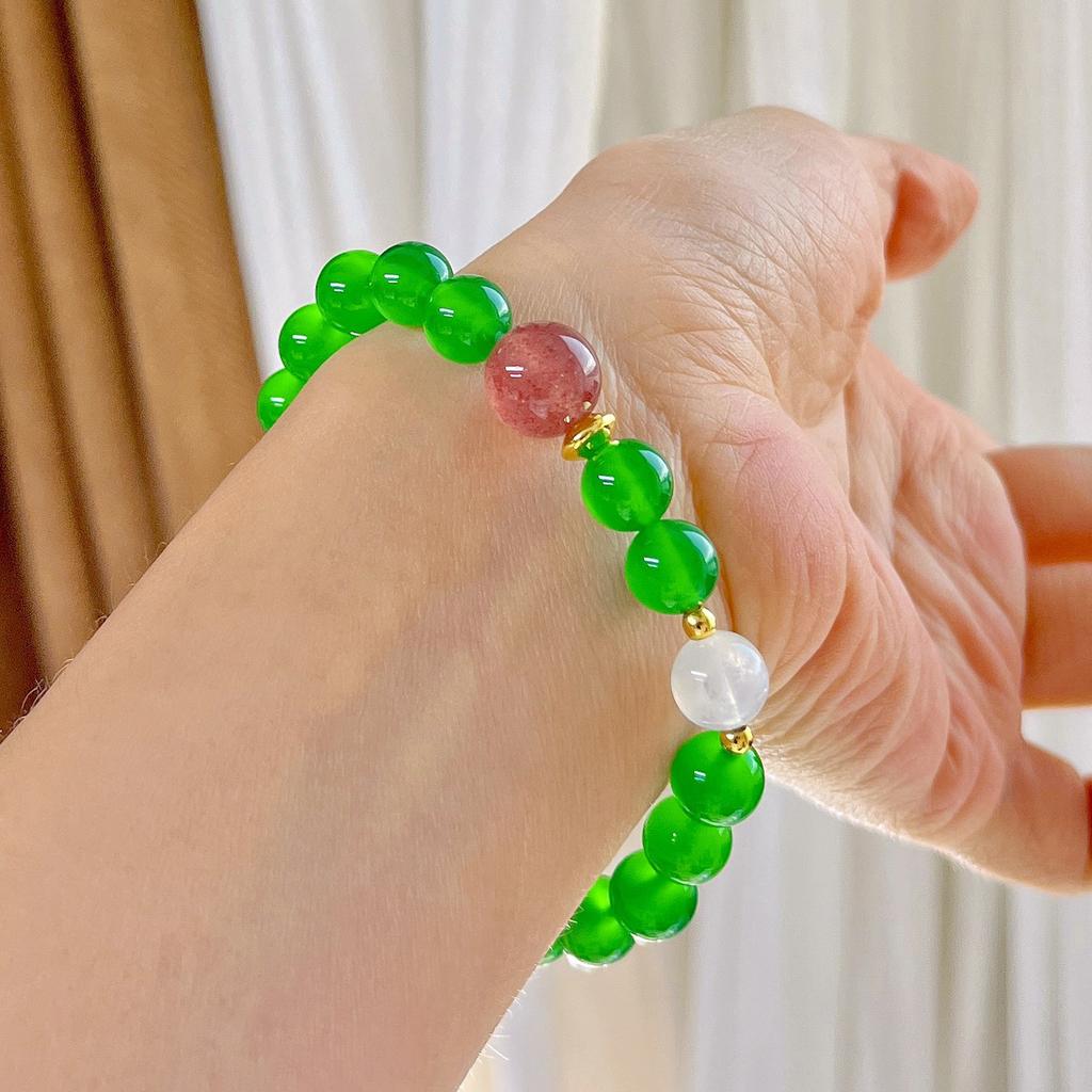 High Quality Imperial Green Vitreous Body Natural Green Chalcedony Strawberry Crystal Design Bracelet Bracelet