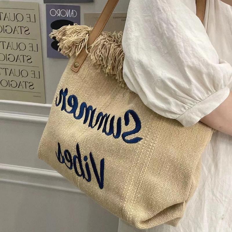 Large Capacity Handbag Woman Bag Design Simple Travel Beach Tote Bag Tassel Letter Embroidery Fashion Shoulder Bags 2025