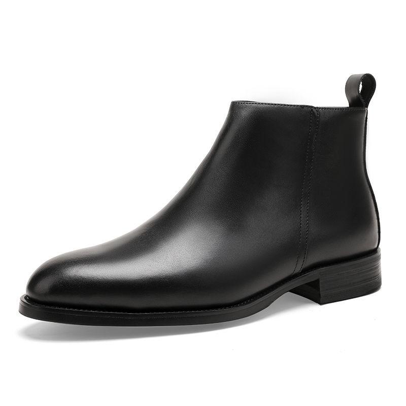 Sharp pointed Chelsea boots men's zipper leather British high top formal leather shoes fur integrated men's shoes boots
