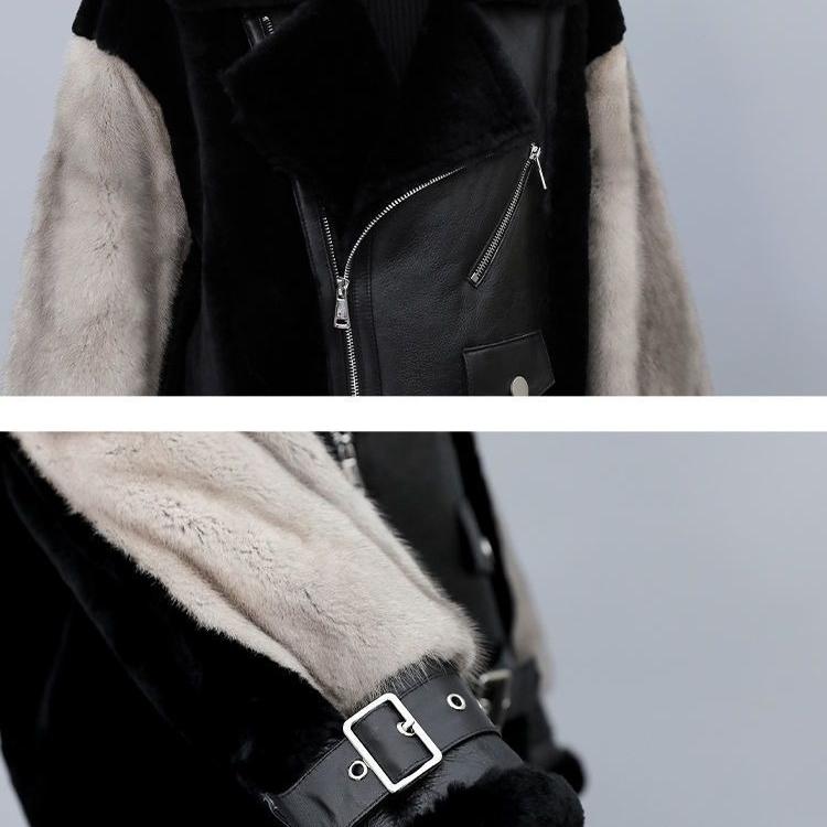 Damen Stilvoller Lockerer Gespleißter Kunstpelzmantel Kurze Lederjacke Warme Winteroberbekleidung