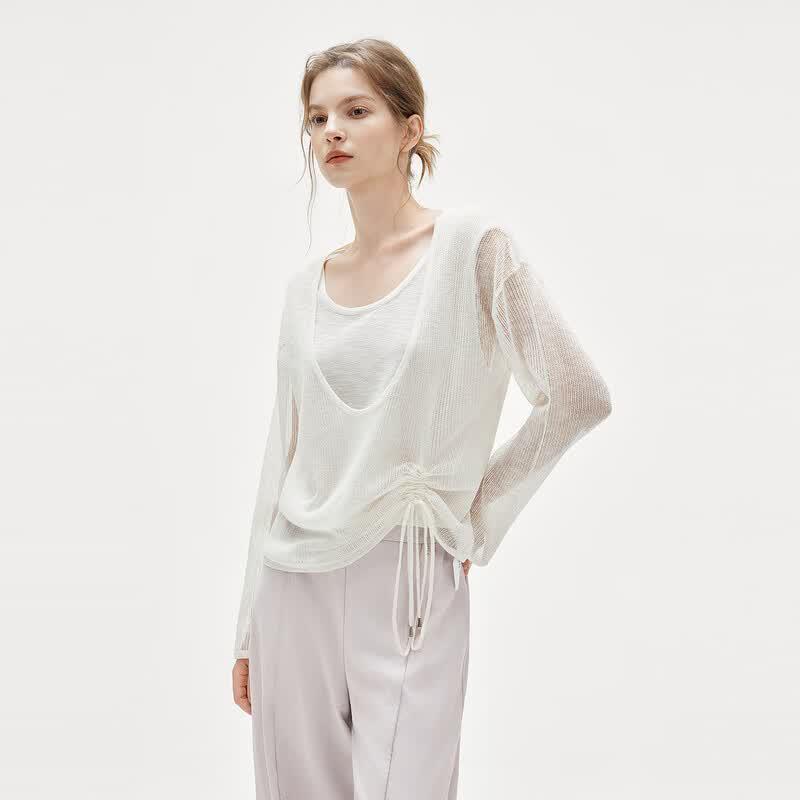 ELLE Women's Faux Two-Piece Hollow Knit Top