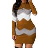 Abito Lungo Caldo Patchwork Elegante da Donna Autunno Inverno Abito Maglione a Coste Pullover Casual Mini Abiti