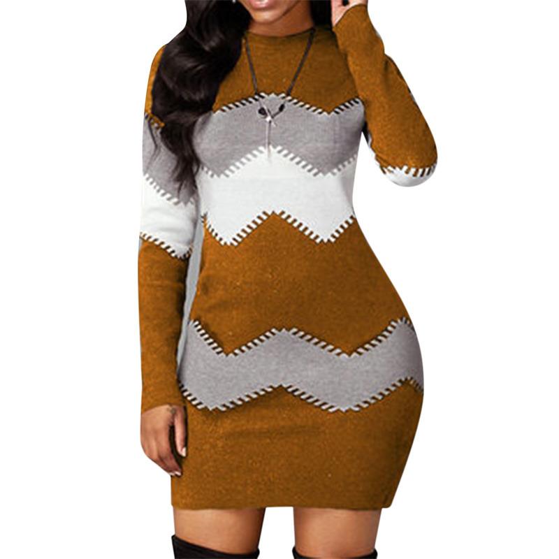 Abito Lungo Caldo Patchwork Elegante da Donna Autunno Inverno Abito Maglione a Coste Pullover Casual Mini Abiti